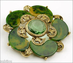 Vintage Signed Art Spinach Green Marbled Bakelite Peridot Rhinestone Brooch Pin Set