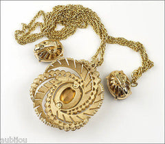 Vintage Trifari Smoked Topaz Rhinestone Floral Fern Set Pendant Bracelet Parure 1960's