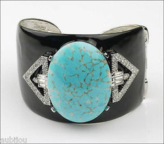 Kenneth Lane KJL Art Deco Black Enamel Faux Turquoise Cabochon Cuff Bracelet