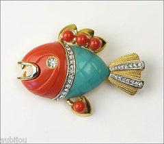 Vintage Hattie Carnegie Faux Coral Turquoise Lucite Figural Piranha Fish Brooch Pin