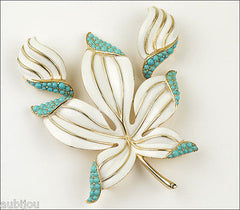 Vintage Trifari Floral White Enamel Faux Turquoise Blue Cabochon Leaf Brooch Pin Set