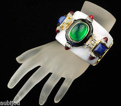 Kenneth Lane KJL Wide White Enamel Faux Jade Lapis Blue Cabochon Cuff Bracelet