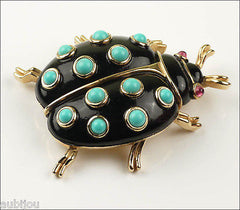 Vintage Trifari Figural Enamel Faux Turquoise Ladybug Beetle Bug Brooch Pin Set 1960's