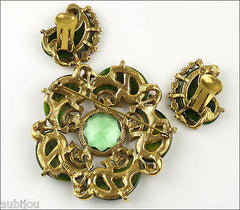 Vintage Signed Art Spinach Green Marbled Bakelite Peridot Rhinestone Brooch Pin Set