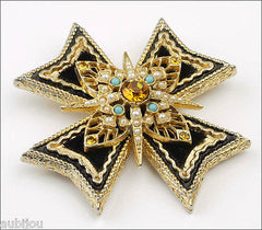 Vintage Signed Art Heraldic Black Velvet Rhinestone Maltese Cross Brooch Pin Set 1960's