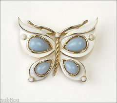 Vintage Crown Trifari Figural White Enamel Cabochon Butterfly Insect Brooch Pin