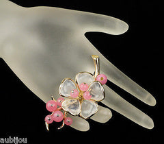 Vintage Trifari Pink Poured Glass Floral Flower Translucent Brooch Pin Set Earrings