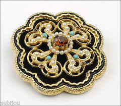 Vintage Signed Art Black Velvet Smoked Topaz Rhinestone Flower Brooch Pin Set 1960's