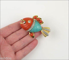 Vintage Hattie Carnegie Faux Coral Turquoise Lucite Figural Piranha Fish Brooch Pin