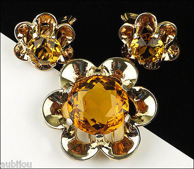 Vintage Trifari Floral Flower Topaz Faceted Glass Rhinestone Fur Clip Pin Set 1950's