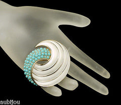 Vintage Trifari White Enamel Faux Turquoise Blue Cabochon Swirl Brooch Pin Set 1960's