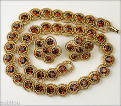 Vintage Trifari Smoked Topaz Rhinestone Floral Necklace Earrings Set Choker 1960's