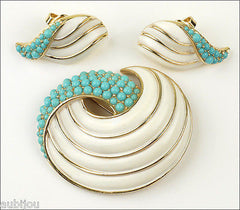 Vintage Trifari White Enamel Faux Turquoise Blue Cabochon Swirl Brooch Pin Set 1960's
