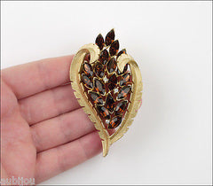 Vintage Trifari Smoked Topaz Rhinestone Floral Leaf Brooch Pin Set Earrings 1960's