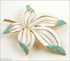 Vintage Trifari Floral White Enamel Faux Turquoise Blue Cabochon Leaf Brooch Pin Set