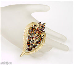 Vintage Trifari Smoked Topaz Rhinestone Floral Leaf Brooch Pin Set Earrings 1960's