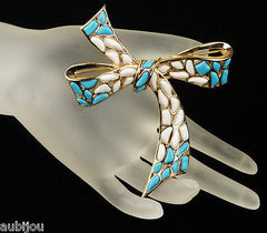 Vintage Trifari Modern Mosaic White Blue Molded Glass Bow Ribbon Brooch Pin Set 1960's
