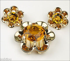 Vintage Trifari Floral Flower Topaz Faceted Glass Rhinestone Fur Clip Pin Set 1950's