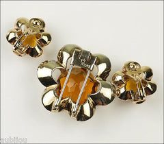 Vintage Trifari Floral Flower Topaz Faceted Glass Rhinestone Fur Clip Pin Set 1950's