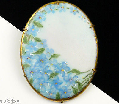 Antique Porcelain Hand Painted Floral Light Blue Forget Me Not Flower Brooch Pin