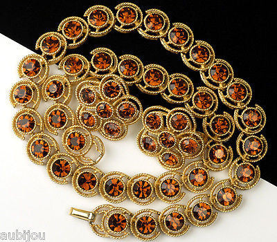Vintage Trifari Smoked Topaz Rhinestone Floral Necklace Earrings Set Choker 1960's