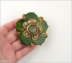 Vintage Signed Art Spinach Green Marbled Bakelite Peridot Rhinestone Brooch Pin Set