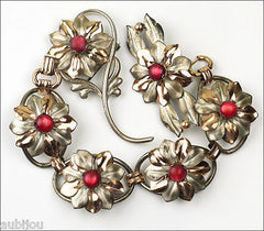 Vintage Kreisler Sterling Silver Floral Red Frosted Glass Bracelet Brooch Pin Set