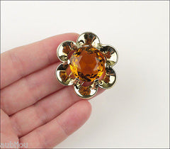 Vintage Trifari Floral Flower Topaz Faceted Glass Rhinestone Fur Clip Pin Set 1950's