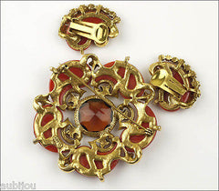 Vintage Signed Art Orange Rust Bakelite Smoked Topaz Rhinestone Brooch Pin Set 1960's