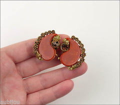 Vintage Signed Art Orange Rust Bakelite Smoked Topaz Rhinestone Brooch Pin Set 1960's