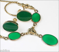 Vintage Van Dell Gold Filled Faux Chrysoprase Green Glass Cabochon Necklace Set 1960's