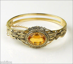 Vintage Whiting Davis Topaz Glass Rhinestone Pendant Necklace Hinged Bracelet Set
