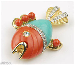 Vintage Hattie Carnegie Faux Coral Turquoise Lucite Figural Piranha Fish Brooch Pin