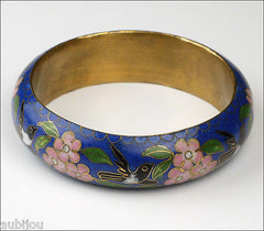 Vintage Cloisonne Dark Blue Enamel Floral Cherry Blossom Bird Bangle Bracelet 1970's
