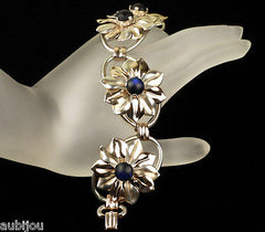 Vintage Kreisler Sterling Silver Floral Blue Frosted Glass Bracelet Brooch Pin Set