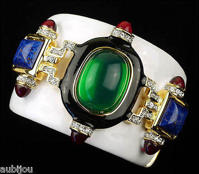 Kenneth Lane KJL Wide White Enamel Faux Jade Lapis Blue Cabochon Cuff Bracelet