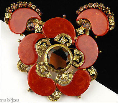 Vintage Signed Art Orange Rust Bakelite Smoked Topaz Rhinestone Brooch Pin Set 1960's