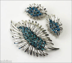 Vintage Trifari Floral Leaf Montana Blue Rhinestone Brooch Pin Set Earrings 1960's