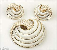 Vintage Trifari Large White Enamel Simulated Pearl Swirl Brooch Pin Set Earrings 1960's
