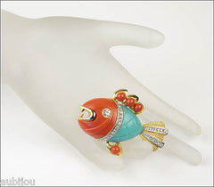 Vintage Hattie Carnegie Faux Coral Turquoise Lucite Figural Piranha Fish Brooch Pin