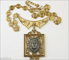 Vintage Signed Art Egyptian Revival King Tut Pharaoh Pendant Necklace Medallion 1970's
