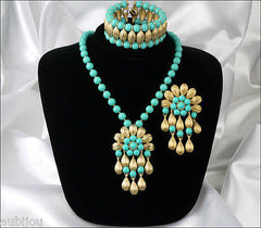 Vintage Trifari Faux Turquoise Blue Cabochon Parure Necklace Brooch Pin Bracelet