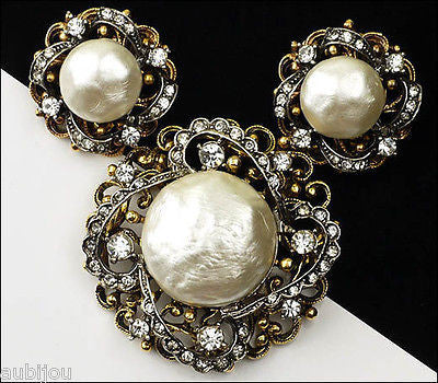 Vintage Signed Art Modeart Rhinestone Baroque Pearl Set Pin Brooch Earrings 1960's