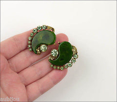 Vintage Signed Art Spinach Green Marbled Bakelite Peridot Rhinestone Brooch Pin Set