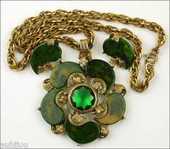 Signed Art Spinach Green Marbled Bakelite Emerald Green Rhinestone Pendant Set