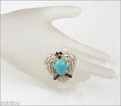 Vintage Trifari L'Orient Blue Cabochon White Enamel Heart Brooch Pin Snake Skin 1960's