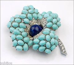 Vintage Boucher 3D Faux Turquoise Lapis Blue Glass Cabochon Flower Brooch Pin Set