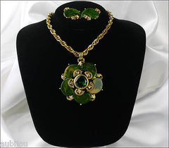 Signed Art Spinach Green Marbled Bakelite Emerald Green Rhinestone Pendant Set