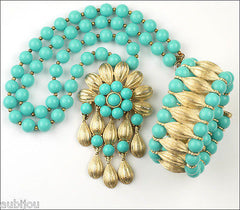 Vintage Trifari Faux Turquoise Blue Cabochon Parure Necklace Brooch Pin Bracelet