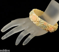Vintage Japan Celluloid Floral Flower Rose Cream Leaf Bracelet Bangle 1950's Plastic